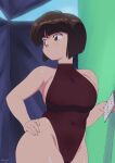  1girl blue_sky breasts brown_eyes brown_hair casual_one-piece_swimsuit commentary_request dated eyebrows_visible_through_hair hand_on_hip highleg highleg_swimsuit highres holding holding_notebook large_breasts looking_to_the_side mage_(harumagedon) notebook one-piece_swimsuit ranma_1/2 short_hair signature sky solo swimsuit tendou_nabiki 
