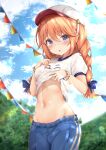  1girl bangs baseball_cap blue_shorts blush braid breasts cloud commentary_request cowboy_shot day eyebrows_visible_through_hair fang hair_between_eyes hands_on_own_chest hat highres lifted_by_self long_hair looking_at_viewer medium_breasts navel orange_hair outdoors princess_connect! princess_connect!_re:dive purple_eyes rumiko_(rmeco) shirt shirt_lift short_sleeves shorts skin_fang sky solo standing stomach sweat triangle_mouth twin_braids twintails white_headwear white_shirt yuni_(princess_connect!) 