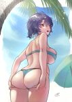  1girl antenna_hair ass backbone bikini blue_bikini blue_sky breasts c_(theta) cowboy_shot dark_blue_hair hands_on_own_ass highres idolmaster idolmaster_million_live! large_breasts looking_at_viewer looking_back looking_down messy_hair palm_tree parasol red_eyes short_hair shoulder_blades skindentation sky solo strapless strapless_bikini swimsuit toyokawa_fuuka tree umbrella underboob wavy_mouth 