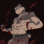  2021 abs anthro beastars belt black_background blood bodily_fluids bottomwear brown_bear clothed clothing fist hi_res male mammal muscular muscular_anthro muscular_male navel nipples pants pecs riz_(beastars) rygel_spkb scar simple_background smile solo standing topless topless_male ursid ursine 