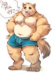  2021 anthro belly blush brown_body brown_fur bulge canid canine canis clothing domestic_dog ellie_saionji eyes_closed fur hi_res japanese_text kemono male mammal moobs navel nipples overweight overweight_anthro overweight_male solo text underwear 