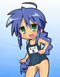  ahoge blue_hair flat_chest green_eyes izumi_konata lucky_star naked nude nude_filter photoshop pussy uncensored undressing 