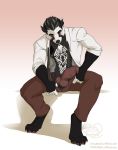  anthro badger balls blush clothed clothing erection humanoid_penis ittydee kittydee male mammal mustelid penis sitting solo thick_penis vein 
