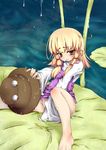  barefoot blonde_hair blush eyes hat hat_removed headwear_removed hujimi lily_pad masturbation moriya_suwako no_panties short_hair solo touhou yellow_eyes 