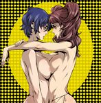  aqua_eyes areolae armpits asymmetrical_docking blue_hair blush breast_press breasts checkered eye_contact g-string hug kujikawa_rise large_breasts lipstick looking_at_another makeup multiple_girls open_mouth panties persona persona_4 pink_hair shirogane_naoto short_hair short_twintails sideboob smile symmetrical_docking thong topless twintails underwear yamada_3 yuri 