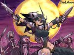  aliasing bangs battlefield black_hair blood bottomless breasts dual_wielding flat_chest impossible_clothes large_breasts magic:_the_gathering magic_the_gathering monster_girl moon multiple_girls multiple_moons navel night outdoors purple_eyes scythe sword third_eye weapon white_hair yone88 yonezuka_ryou 