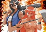  axe black_hair blue_oni breasts club demon_girl horns medium_breasts multiple_girls oni pointy_ears red_oni weapon 