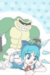  1girl abs arm_grab arm_held_back ass bangs battletoads bestiality blue_background blue_bow blue_dress blue_eyes blue_hair bow cirno clenched_hand clothed_female_nude_male clothed_sex crossover d: detached_wings doggystyle dress dress_lift eyebrows_visible_through_hair green_skin grin hair_bow hetero ice ice_wings legs_apart looking_to_the_side muscle nude oekaki open_mouth panties panties_around_one_leg parted_bangs polka_dot polka_dot_background puffy_short_sleeves puffy_sleeves rape rash_(battletoads) red_ribbon restrained ribbon short_sleeves simple_background smile sunglasses tears toad_(animal) top-down_bottom-up touhou underwear vambraces white_panties wide-eyed wings yellow_skin 