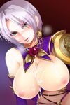  blush breasts cum cum_in_mouth cum_on_body cum_on_breasts cum_on_tongue cum_on_upper_body earrings elbow_gloves facial flower gloves green_eyes isabella_valentine jewelry large_breasts lipstick makeup nipples red_flower red_rose rose short_hair shoulder_pads solo soulcalibur soulcalibur_iv takamoto_akisa tongue topless white_hair 