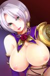  breasts earrings elbow_gloves flower gloves green_eyes isabella_valentine jewelry large_breasts lipstick makeup nipples red_flower red_rose rose short_hair shoulder_pads solo soulcalibur soulcalibur_iv takamoto_akisa topless white_hair 