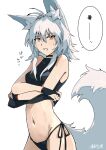  1girl absurdres animal_ears artist_name black_panties black_shirt breasts commentary_request grey_hair highres inubashiri_momiji kakaricho_dairi long_hair looking_at_viewer medium_breasts panties red_eyes shirt side-tie_panties simple_background sleeveless sleeveless_shirt solo speech_bubble stomach tail touhou translation_request underwear undressing white_background wolf_ears wolf_girl wolf_tail 