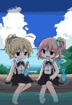  2girls ando_tazusa arm_support assault_lily barefoot black_skirt blonde_hair bottle brown_eyes cloud commentary_request dated hitotsuyanagi_riri holding holding_bottle looking_at_another multiple_girls one_side_up open_mouth outdoors pink_eyes ramune shirt skirt soaking_feet toyo_(sameden46) white_shirt 