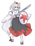  1girl animal_ear_fluff animal_ears black_skirt brown_sandals commentary_request detached_sleeves full_body geta grey_hair hat highres holding holding_shield holding_sword holding_weapon inubashiri_momiji looking_at_viewer nnn_lu one-hour_drawing_challenge open_mouth red_eyes red_hat red_skirt ribbon-trimmed_sleeves ribbon_trim sandals shield short_hair skirt socks solo sword tail tengu-geta tokin_hat touhou two-tone_skirt weapon white_socks wolf_ears wolf_girl wolf_tail 