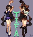  2girls alex_ahad alternate_costume arm_behind_head arm_up black_legwear black_skirt blue_dress blue_footwear boots brown_eyes brown_footwear brown_hair character_name covered_nipples cowboy_boots cowboy_hat crop_top dress dual_persona earrings final_fantasy final_fantasy_vii final_fantasy_vii_remake full_body gloves hat highres jewelry long_hair low-tied_long_hair multiple_girls one_eye_closed red_footwear skirt sleeveless sleeveless_dress smile stomach stretch suspender_skirt suspenders tank_top thighhighs tifa_lockhart white_tank_top 