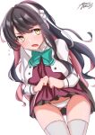  1girl absurdres ass_visible_through_thighs ayuman black_hair blazer breasts brown_eyes cowboy_shot dated dress grey_legwear hair_down hairband halterneck highres jacket kantai_collection large_breasts lifted_by_self long_hair multicolored_hair naganami_(kancolle) panties pink_hair pleated_dress purple_dress remodel_(kantai_collection) school_uniform signature simple_background solo thigh_gap thighhighs two-tone_hair underwear wavy_hair white_background white_hairband white_panties 