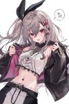  1girl :p black_bow black_jacket black_pants bow breasts commentary_request cropped_shirt earclip grey_hair hair_between_eyes hair_bow highres hololive hololive_dev_is isaki_riona isaki_riona_(1st_costume) jacket jewelry long_hair looking_at_viewer medium_breasts midriff navel navel_piercing necklace one_side_up pants piercing red_eyes shirt sidelocks sleeveless sleeveless_shirt solo tongue tongue_out torokko two-tone_pants virtual_youtuber white_background white_pants white_shirt 