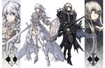  2girls armor armored_dress black_cape blue_eyes breastplate cape couter cuirass double-parted_bangs dress earrings floating_cape full_body fur-trimmed_cape fur_trim gauntlets greaves grey_hair hair_between_eyes hair_over_one_eye holding holding_shield holding_sword holding_weapon jewelry kashia knight long_hair long_sidelocks multiple_girls one_eye_closed original pauldrons plate_armor poleyn red_eyes sabaton shield shoulder_armor sidelocks sword torn_cape torn_clothes tsurime v-shaped_eyebrows vambraces watermark weapon white_background white_dress white_hair zoom_layer 