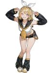 1girl bare_shoulders belt black_shorts blonde_hair blue_eyes blush bow commentary_request detached_sleeves double_v grin h4sh1rnoto hair_bow hair_ornament hairclip headset highres kagamine_rin leaning_forward leg_warmers looking_at_viewer navel neckerchief one_eye_closed open_mouth parallel_hairclips ribbon sailor_collar shirt short_hair shorts smile solo standing treble_clef v vocaloid white_bow yellow_belt yellow_neckerchief yellow_trim 