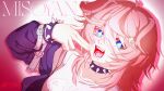  1girl absurdres ahoge animal_ears arm_belt belt blue_eyes blurry blurry_background bracelet brown_hair collar collarbone commentary dog_ears dog_girl ear_piercing english_commentary english_text fang fangs fish_hair_ornament fluffy_hair fluffy_tail hair_between_eyes hair_ornament hairclip highres hood hoodie indie_virtual_youtuber jewelry looking_at_viewer misoyan multiple_belts noob_noobington off-shoulder_shirt off_shoulder open_mouth piercing pixel_art pointing pointing_at_self print_shirt self-upload shirt short_hair signature skin_fang solo sparkle sparkling_eyes spiked_bracelet spiked_collar spikes t-shirt tongue virtual_youtuber watermark wolf_cut 