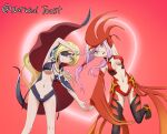  2girls :d absurdres arm_above_head black_cape black_leotard black_thighhighs blonde_hair boots breasts cape center_opening cleavage detached_sleeves elbow_gloves eyepatch fingerless_gloves flower_ornament gloves green_eyes guilty_crown hair_between_eyes hair_tubes heart heart-shaped_pupils heart_hands heart_hands_duo highres leg_up leotard long_hair looking_at_viewer low_twintails medium_breasts missing_headwear multiple_girls narwhal_toast navel one_eye_covered open_mouth othinus outfit_connection pink_hair red_background red_boots red_cape red_eyes red_gloves red_leotard red_sheet red_sleeves smile symbol-shaped_pupils teeth thighhighs toaru_majutsu_no_index toaru_majutsu_no_index:_new_testament twintails twitter_username two-tone_cape upper_teeth_only very_long_hair yuzuriha_inori 