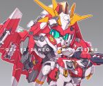  artist_name char's_counterattack chibi close-up commentary_request green_eyes gundam holding holding_weapon mecha missile mobile_suit no_humans nu_gundam redesign robot sd_gundam solo susagane v-fin weapon wings 