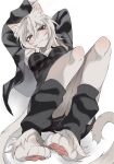 4_toes absurd_res anthro blush blush_lines clothing feet felid female hair hi_res inner_ear_fluff leg_warmers legwear lying mammal nekomatapng on_back pawpads solo tail toes tuft white_hair
