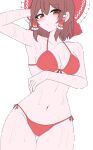  1girl absurdres alternate_costume armpits ass_visible_through_thighs bikini bow breasts brown_hair closed_mouth commentary_request frilled_bow frills hair_bow hakurei_reimu highres kiui_(dagk8254) looking_at_viewer medium_breasts navel red_bikini red_bow red_eyes side-tie_bikini_bottom simple_background solo swimsuit thigh_gap thighs touhou wet white_background 