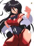  1990s_(style) 1girl absurdres ahoge arm_up armpits bare_shoulders black_hair black_leotard bow breasts clothing_cutout commentary_request commission covered_navel covered_nipples cowboy_shot detached_sleeves faux_retro_artstyle fighting_stance floating_rock hair_between_eyes hakama hakama_pants highres huge_ahoge japanese_clothes large_breasts leotard leotard_under_clothes long_hair long_hair_between_eyes looking_at_viewer m.u.g.e.n miwijag1997 motion_lines nontraditional_miko original pants pixiv_commission red_bow red_hakama retro_artstyle ribbon-trimmed_sleeves ribbon_trim sendai_hakurei_no_miko sendai_hakurei_no_miko_(m.u.g.e.n) sideboob simple_background smirk solo standing thigh_cutout touhou very_long_hair white_background white_sleeves wide_sleeves yellow_eyes 
