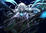  1boy absurdres ainchase_ishmael apostasia_(elsword) black_shirt cape chest_jewel cracked_skin elsword floating_hair gem glowing green_eyes hair_over_one_eye highres long_hair looking_at_viewer male_focus nga_(ray_ray) parted_lips shirt sleeveless solo very_long_hair white_hair 