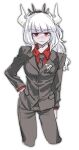  1girl :| arm_at_side black_hairband black_jacket black_necktie black_pants blunt_bangs blush breasts buttons ceitama_oppai closed_mouth collared_shirt commentary contrapposto cropped_legs demon_girl demon_horns english_commentary expressionless gloves hairband hand_on_own_hip helltaker horns jacket jitome layered_sleeves long_hair looking_at_viewer low-tied_long_hair lucifer_(helltaker) necktie nose_blush pale_skin pants red_eyes red_shirt ringed_eyes shirt sidelocks simple_background sketch small_breasts solo spiked_hairband spikes white_background white_gloves white_hair white_horns 