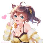  1girl :d ahoge animal_ears blue_eyes breasts brown_hair camisole cat_ears cat_girl cleavage commentary_request frilled_camisole frills hand_up heart highres hololive jacket jackmiho long_hair looking_at_viewer matsurisu medium_breasts medium_hair natsuiro_matsuri natsuiro_matsuri_(matsuri's_day_off) off_shoulder official_alternate_costume open_mouth scrunchie side_ponytail sidelocks smile solo strap_slip striped_clothes striped_jacket teeth upper_teeth_only very_long_hair virtual_youtuber yellow_camisole yellow_jacket yellow_scrunchie 