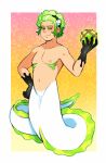 accessory alternate_species andromorph_(lore) aquatic black_clothing black_gloves black_handwear clothing darkchibishadow dr._edwin_glum_(gummyandthedoctor) eel fish gills gloves green_hair hair half-closed_eyes handwear headband hi_res humanoid mastectomy_scar merfolk mermay narrowed_eyes scales scar smile split_form trans_(lore) trans_man_(lore) white_body white_scales