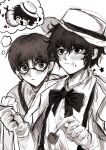  2boys :t ^_^ alternate_costume alternate_universe blush buttons candy chewing chupa_chups closed_eyes closed_mouth coat coat_on_shoulders collared_coat collared_shirt commentary_request crumbs dongrang_(project_moon) dress_shirt eating food frown fruit glasses greyscale hair_between_eyes happy hat head_on_another's_shoulder heart highres holding holding_candy holding_food holding_hands holding_lollipop imagining korean_commentary lapels limbus_company lollipop long_sleeves looking_at_another male_focus messy_hair mixed-language_commentary monochrome multiple_boys notched_lapels open_mouth otogisum3 pineapple project_moon puffy_long_sleeves puffy_sleeves shirt short_hair simple_background smile speech_bubble spoken_character spoken_food suspenders thought_bubble upper_body vest white_background yaoi yi_sang_(project_moon) 