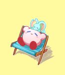0olqplo0 alien ambiguous_gender big_ears biped bipedal_feral blush blush_lines carrying_another chair chinchillid closed_smile daww digital_drawing_(artwork) digital_media_(artwork) duo elfilin eyes_closed feral fluffy fluffy_tail fur furniture kirby kirby_(series) kirby_and_the_forgotten_land male_(lore) mammal mouth_closed mouthless nintendo notched_ear on_head pink_body red_body rodent semi-anthro simple_background sitting size_difference sleeping smile starling_(kirby) tail teal_body teal_fur three-quarter_view waddling_head yellow_background