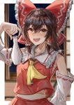  1girl :d absurdres ascot blush bow brown_eyes brown_hair commentary_request detached_sleeves drunk fang frilled_bow frilled_hair_tubes frills hair_between_eyes hair_bow hair_tubes hakurei_reimu highres holding long_hair looking_at_viewer open_mouth red_bow red_skirt ribbon-trimmed_sleeves ribbon_trim shouji skin_fang skirt skirt_set sliding_doors smile solo tatami tokkuri touhou yellow_ascot zu_zukan 