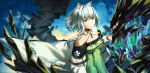  1girl absurdres animal_ear_fluff animal_ears arknights bare_shoulders breasts cat_ears cat_girl coat collar crystal detached_collar dress green_dress green_eyes grey_hair highres kal'tsit_(arknights) long_sleeves looking_at_viewer mon3tr_(arknights) mon3tr_(summon)_(arknights) off-shoulder_dress off_shoulder redfish short_hair sky solo stethoscope upper_body white_coat white_hair 