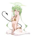  1girl absurdres bikini blue_archive blush breasts commentary_request demon_girl demon_tail earrings film_grain full_body gold_bikini gold_earrings green_hair halo highres jewelry long_hair looking_at_viewer nozomi_(blue_archive) open_mouth pointy_ears side-tie_bikini_bottom signature simple_background sitting small_breasts smile solo swimsuit tail thighhighs toi1et_paper twintails wariza watermark watermark_grid white_background white_thighhighs yellow_eyes yellow_halo 