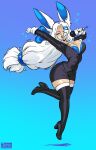 2026 absurd_res accessory animal_humanoid artist_name big_breasts black_clothing black_footwear black_high_heels black_miniskirt blue_background blue_bra blue_clothing blue_lipstick blue_underwear bottomwear bra breasts cleavage clothed clothing collared_shirt dress_shirt electronics eye_through_hair eyebrow_through_hair eyebrows eyelashes eyes_closed female footwear gloves gradient_background hair hair_accessory hairband handwear hi_res high_heels holding_microphone holding_object humanoid jamoart lagomorph lagomorph_humanoid legwear leporid_humanoid lipstick long_ears long_hair makeup mammal mammal_humanoid microphone miniskirt open_mouth open_smile rabbit_humanoid shirt shoes simple_background singing skirt smile solo stockings suit_jacket text thigh_highs tongue topwear translucent translucent_hair underwear white_hair