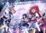  4girls :d akane_lize animal_ears arahashi_tabi black_hair blue_bow blue_eyes blue_hair bow breasts brown_pantyhose center_frills commentary concert frilled_skirt frills glowstick grey_hair hair_bow highres holding holding_microphone idol_clothes looking_at_viewer microphone multicolored_hair multiple_girls neneko_mashiro open_mouth pantyhose puffy_short_sleeves puffy_sleeves purple_eyes red_eyes red_hair shirayuki_hina short_sleeves skirt smile stage_lights stellive streaked_hair twintails virtual_youtuber white_wrist_cuffs wrist_cuffs zima_(win_octopus) 