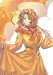  absurdres blue_eyes bow bowtie breasts brown_hair bug clothes_lift dress dress_lift e.g.o_(project_moon) headdress highres holding holding_umbrella hydowa into_the_sunset_(e.g.o) large_breasts light_smile limbus_company medium_hair mole mole_under_eye moth neckerchief parasol project_moon rodion_(project_moon) simple_background umbrella white_background 