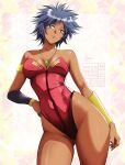 1girl blue_hair breasts collarbone dangaiou dark-skinned_female dark_skin green_eyes highres jewelry leotard medium_breasts multicolored_leotard necklace pai_thunder red_leotard short_hair solo spiked_hair standing strapless strapless_leotard t_nao1576 thighs 