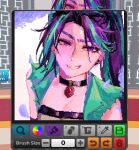  1girl :d aria_blaze aria_blaze_(human) arms_at_sides bare_shoulders black_choker black_trim breasts cadence_sniffa choker cleavage collared_jacket colored_eyelashes colored_skin commentary curtained_hair earrings elbow_gloves english_commentary equestria_girls:_rainbow_rocks eyeshadow falling_petals from_above game_screenshot gem gloves green_jacket green_streaks grey_shirt grin hair_behind_ear half-closed_eyes highres jacket jewelry long_hair looking_at_viewer makeup multicolored_hair my_little_pony my_little_pony:_equestria_girls my_little_pony:_friendship_is_magic pendant_choker petals pink_skin pixel_art portrait purple_eyes purple_eyeshadow purple_gloves purple_hair purple_petals red_gem roblox roblox_(medium) shirt simple_background sleeveless sleeveless_jacket sleeveless_shirt small_breasts smile solo streaked_hair stud_earrings thick_eyebrows torn_clothes torn_jacket twintails v-shaped_eyebrows white_background 