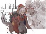  1girl animal animal_ears anni_de_chengzi_mao arknights backpack bag black_pantyhose coat commentary_request dress fur-trimmed_hood fur_trim grey_dress grey_hair grey_shirt hair_between_eyes hair_over_one_eye highres hood hood_up hooded_jacket jacket long_sleeves mask mask_around_neck open_clothes open_jacket pantyhose petting projekt_red_(arknights) red_coat red_jacket shirt smile solo tail white_background wolf wolf_ears wolf_girl wolf_tail yellow_eyes 