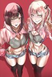  1girl 1other akiyama_mizuki breasts brown_hair clothes_writing cutoffs denim denim_shorts drawstring dress eyeliner feet_out_of_frame hair_between_eyes hair_ornament hairclip hand_on_own_hip hand_up highres index_finger_raised large_breasts long_hair long_sidelocks long_sleeves looking_at_viewer makeup micro_shorts navel nb8c open_clothes open_fly open_mouth open_shorts pantyhose pink_dress pink_hair project_sekai red_background shinonome_ena short_shorts shorts shrug_(clothing) side_ponytail sidelocks simple_background sports_bra swept_bangs thighhighs underwear_writing 