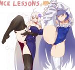  2girls absurdly_long_hair absurdres ahoge ballet bare_shoulders black_thighhighs blue_one-piece_swimsuit breasts commentary detached_sleeves dress elbow_gloves english_commentary fate/grand_order fate_(series) flexible flower frilled_one-piece_swimsuit frills gloves hair_flower hair_ornament hectaryecgaa highres holding_own_leg jeanne_d'arc_alter_(fate) jeanne_d'arc_alter_(violette_vengeur)_(fate) large_breasts long_hair meltryllis_(fate) meltryllis_(swimsuit_lancer)_(fate) meltryllis_(swimsuit_lancer)_(second_ascension)_(fate) multiple_girls one-piece_swimsuit prosthesis prosthetic_leg purple_dress purple_flower single_sidelock sleeves_past_fingers sleeves_past_wrists small_breasts sweat swimsuit thick_thighs thighhighs thighs triangle_mouth very_long_hair white_sleeves 