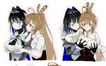  2girls blue_eyes blue_hair blue_ribbon breasts brown_corset brown_eyes brown_hair chain chain_headband cleavage cleavage_cutout clothing_cutout corset cropped detached_sleeves emimhok feather_hair_ornament feathers grabbing_another's_breast groping hair_intakes hair_ornament heart-shaped_gem highres holocouncil hololive hololive_english holopromise large_breasts long_hair multicolored_hair multiple_girls multiple_views nanashi_mumei nanashi_mumei_(1st_costume) ouro_kronii ouro_kronii_(1st_costume) pinstripe_pattern pinstripe_shirt puffy_sleeves ribbon shirt short_hair streaked_hair turtleneck underboob_cutout virtual_youtuber white_background 
