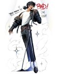  1boy belt black_belt black_eyes black_hair black_jacket black_pants black_shoes brown_belt clothes_lift crew_neck curly_hair dark_skin english_text full_body highres holding holding_microphone jacket jacket_lift leather leather_jacket long_hair long_sleeves looking_to_the_side low_ponytail male_focus michael_jackson microphone microphone_stand multiple_belts nose open_mouth pants ponytail puponchanok real_life shirt shoes simple_background socks solo sparkle white_background white_shirt white_socks 