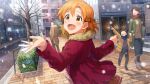  1girl :d bare_tree blush card_commentary city commentary_request day game_asset idolmaster idolmaster_million_live! idolmaster_million_live!_theater_days jacket long_sleeves looking_to_the_side official_art open_mouth orange_eyes orange_hair outdoors red_jacket short_hair smile snowing solo_focus standing third-party_source tree turning_head yabuki_kana 