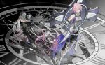  2girls armor armored_boots bare_shoulders black_cloak boots breasts chinese_commentary cloak clock commentary_request demon_girl demon_horns demon_wings ear_piercing fate/grand_order fate_(series) full_body gauntlets green_eyes grey_hair hair_around_horn hair_over_one_eye highres holding holding_shield holding_weapon horns lilith_(fate) long_hair mash_kyrielight multiple_girls piercing pink_hair pointy_ears purple_eyes qqq1672559 shield short_hair thigh_boots torn_wings twintails very_long_hair weapon wings 