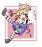  1girl arms_up black_shoes blonde_hair brown_eyes frog_hat full_body lowres moriya_suwako open_mouth purple_skirt purple_vest shirt shoes skirt skirt_set smile solo striped_clothes striped_thighhighs takujin thighhighs touhou translation_request vest white_shirt wide_sleeves 